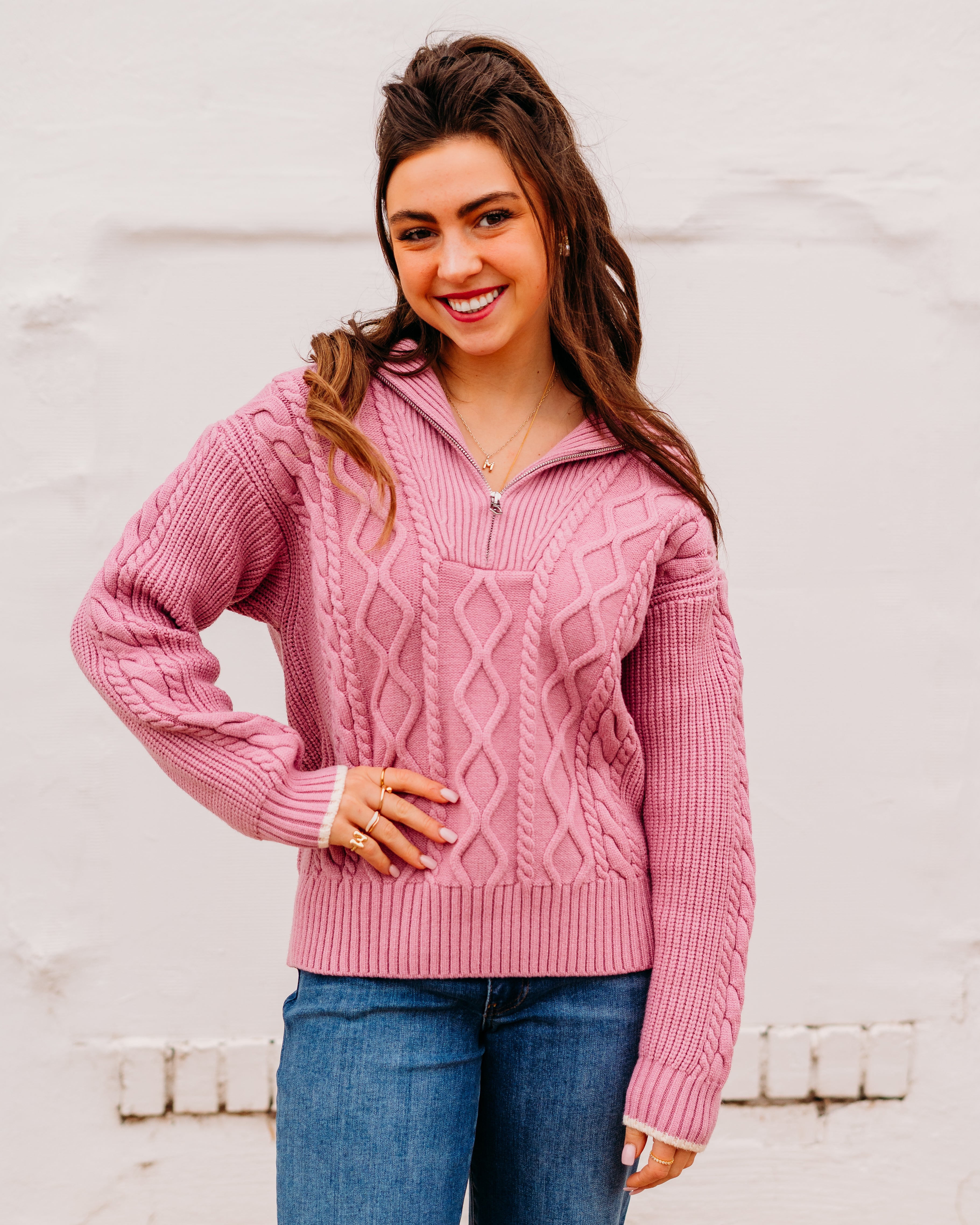 Didi Relaxed Cable Half Zip in Mauve Orchid: Cozy Chic Pullover