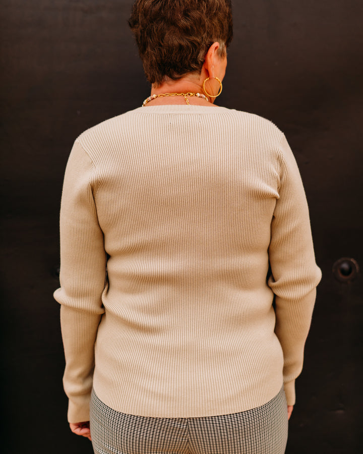 Karen Kane: Ribbed V-Neck Sweater in Antique Cream - The Vogue Boutique