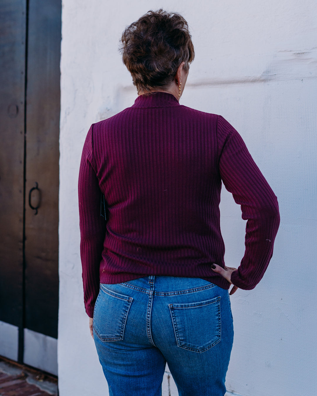 Liverpool: Long Sleeve Mock Neck Top with Button Detail in Wine Berry - The Vogue Boutique