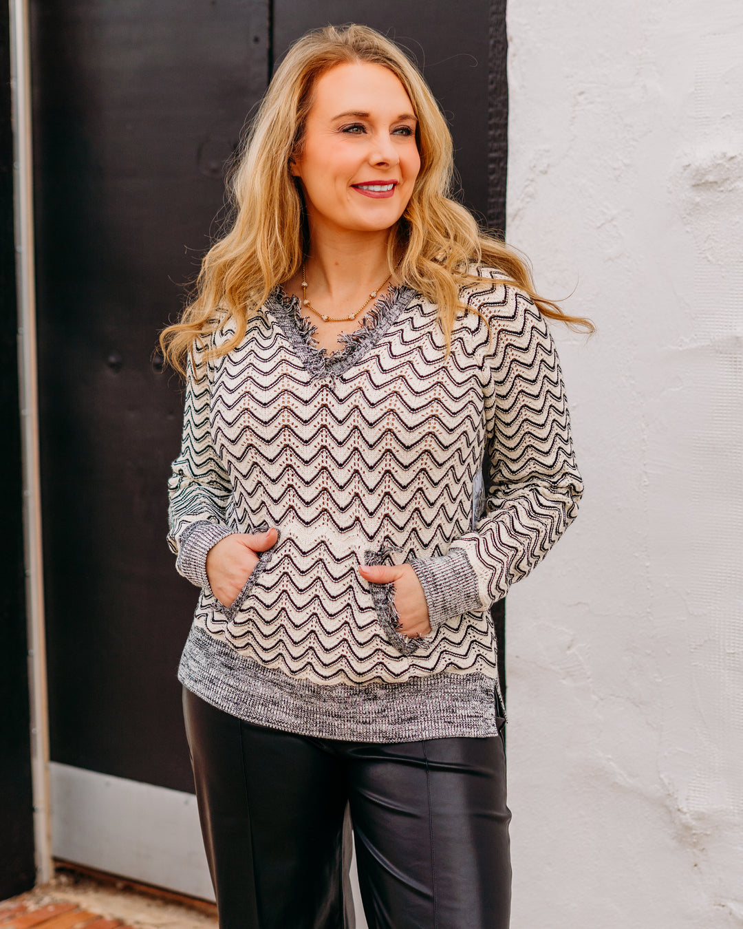 Tribal: Long Sleeve Hooded Sweater W/ Fringe Detail in Charcoal (22760-5143) - The Vogue Boutique
