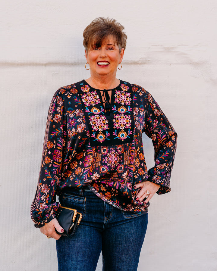 Johnny Was: Curved Hem Prairie Blouse in Brandi - The Vogue Boutique