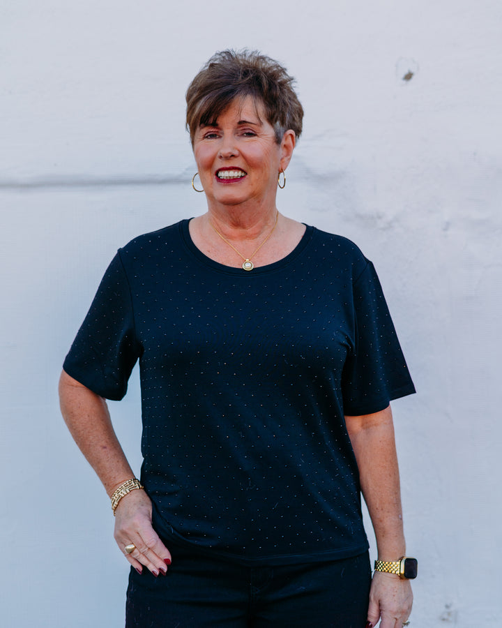 Joseph Ribkoff: Knit Scoop Neck T-Shirt with Rhinestones in Black (254968) - The Vogue Boutique