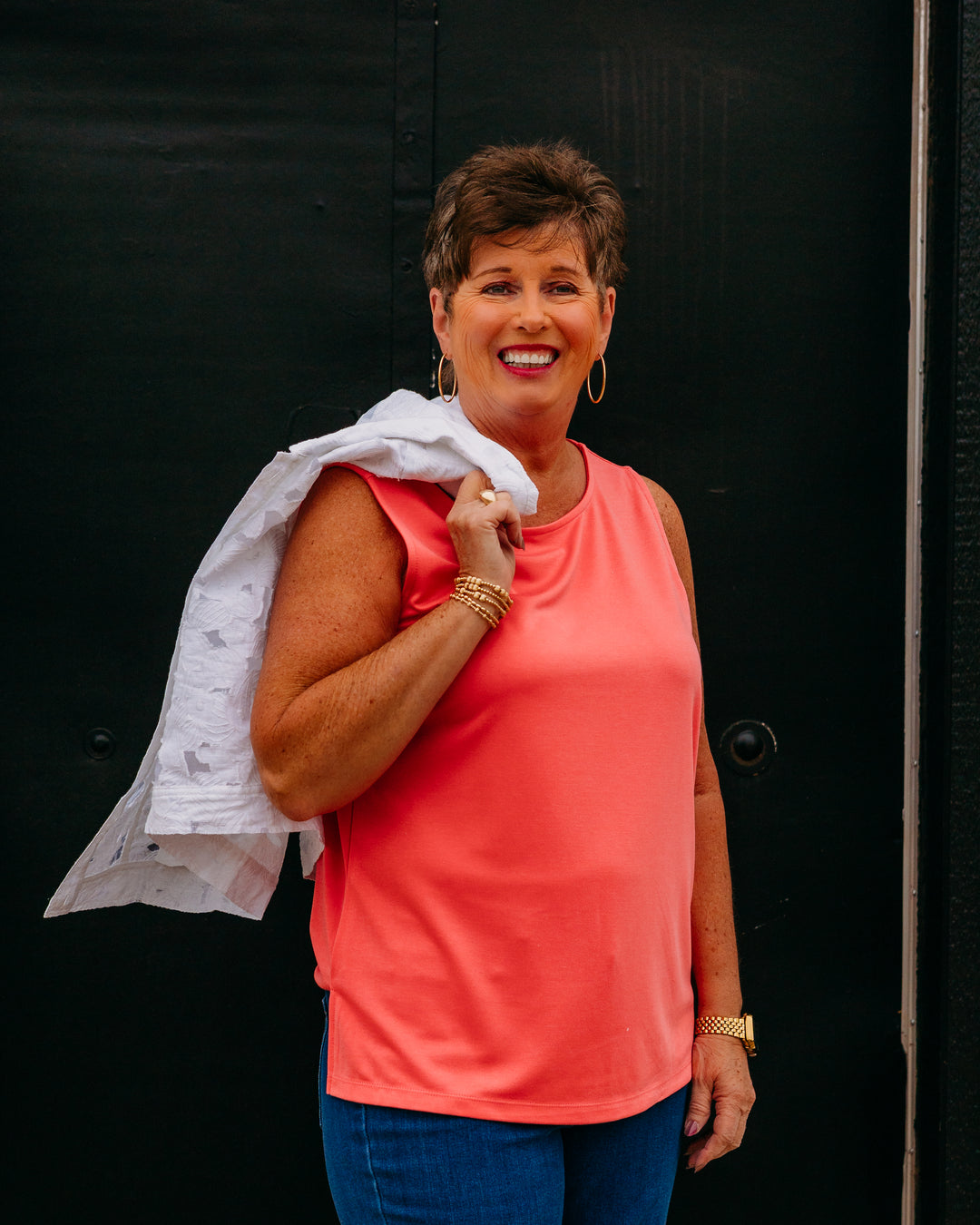 Multiples: Cuffed Long sleeve 4 Pocket Button Front Jean Style Jacket in White - The Vogue Boutique