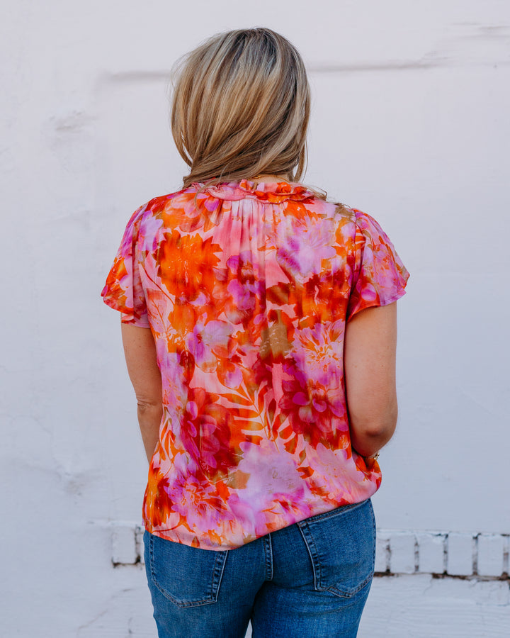 Liverpool: Flutter Sleeve Popover Woven Blouse W/ Ruffle in Orang/ Pink Mlt - The Vogue Boutique