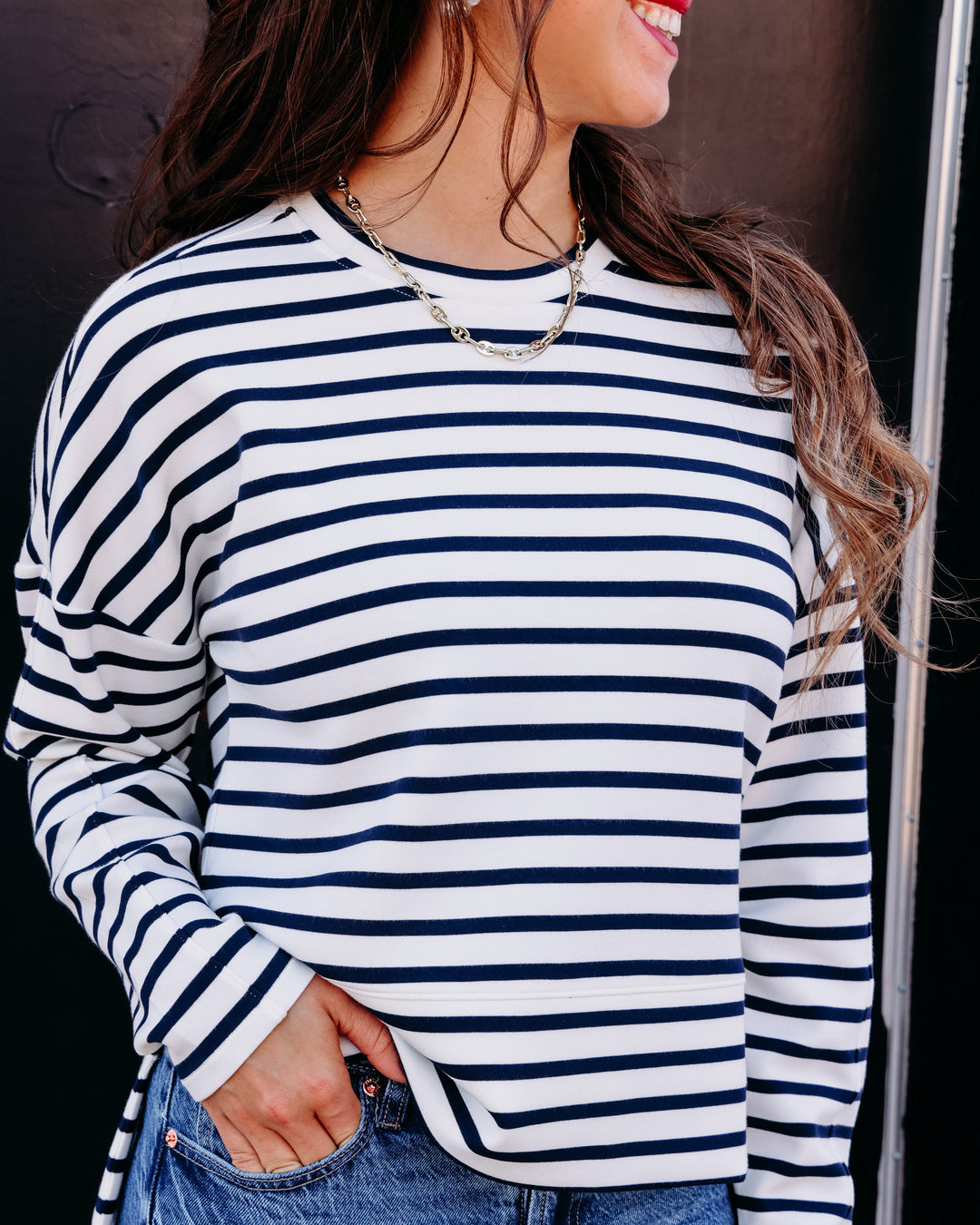 SPANX AIRESSENTIALS® CREWNECK LONG SLEEVE TOP IN YACHT STRIPED NAVY (228O7R)