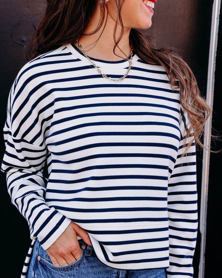 SPANX AIRESSENTIALS® CREWNECK LONG SLEEVE TOP IN YACHT STRIPED NAVY (228O7R)
