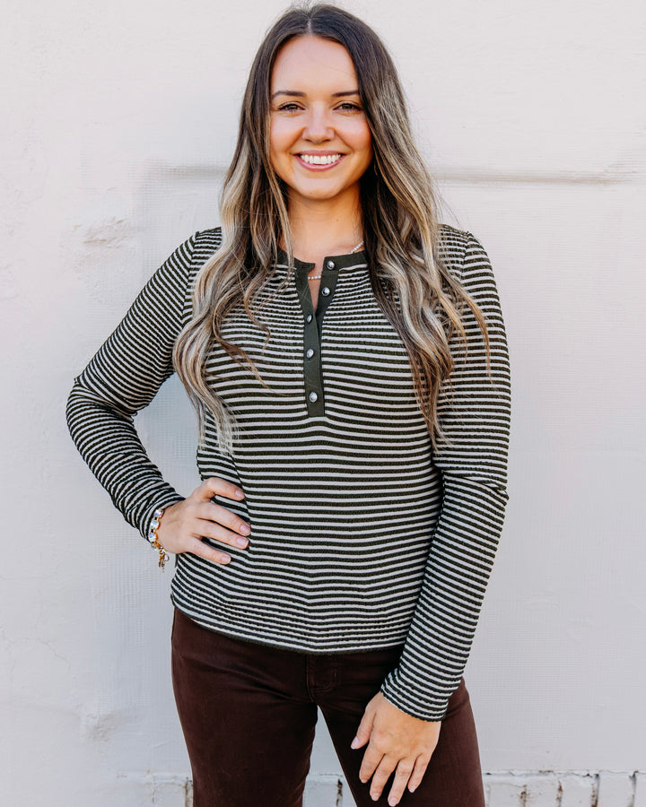 Liverpool: Long Sleeve Knit Henley Top With Sweater Trim in Olive Cream Stripe