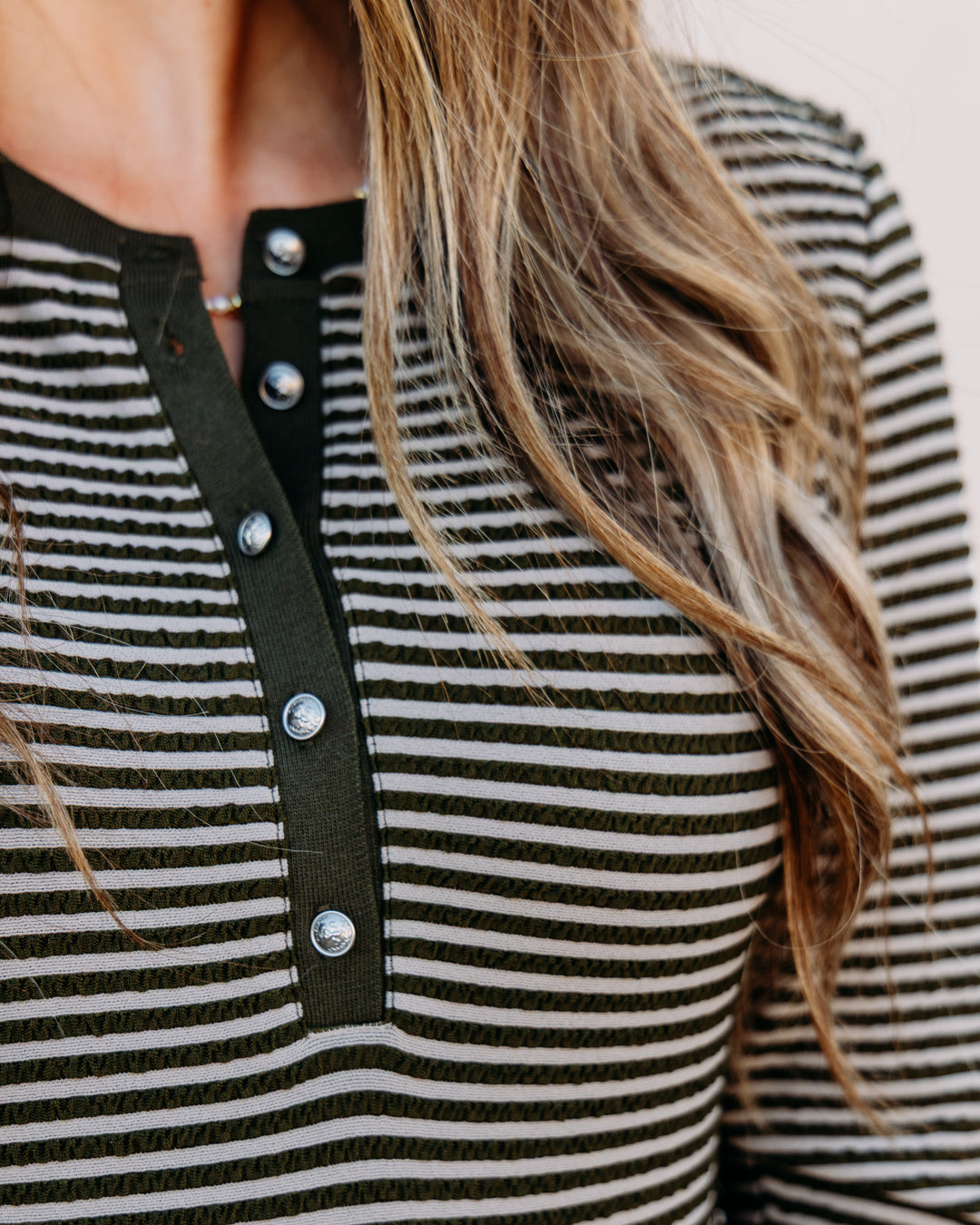 Liverpool: Long Sleeve Knit Henley Top With Sweater Trim in Olive Cream Stripe