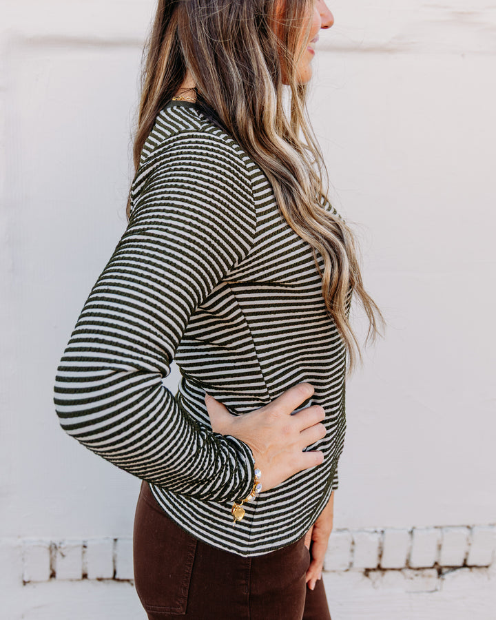 Liverpool: Long Sleeve Knit Henley Top With Sweater Trim in Olive Cream Stripe
