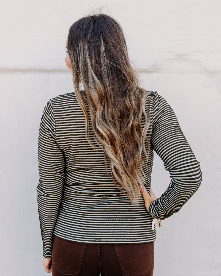 Liverpool: Long Sleeve Knit Henley Top With Sweater Trim in Olive Cream Stripe