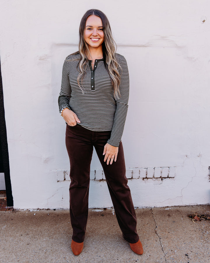 Liverpool: Long Sleeve Knit Henley Top With Sweater Trim in Olive Cream Stripe