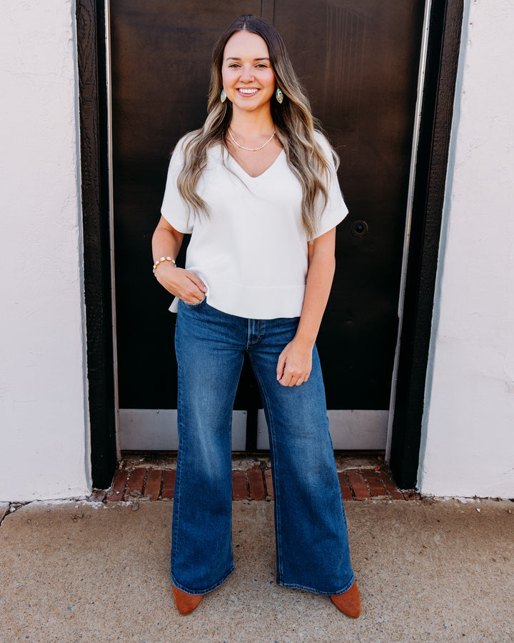 Liverpool: Shrt Slv Vneck Dolman Popover Swtr W Step Hem in Whipped Cream