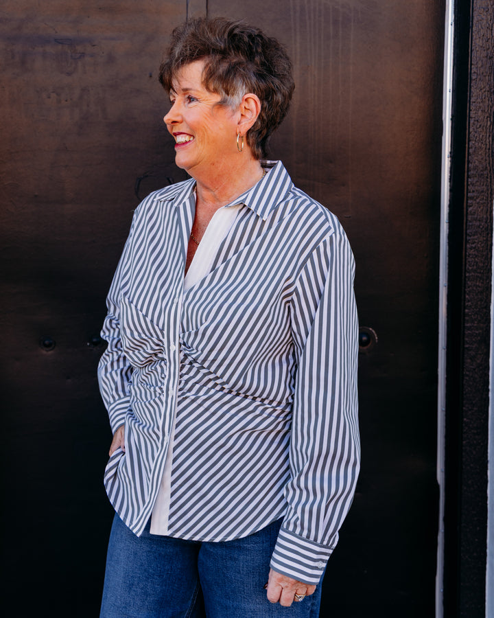 Joseph Ribkoff: Striped Cotton Shirred Blouse in Eucalyptus/Vanilla (271906)