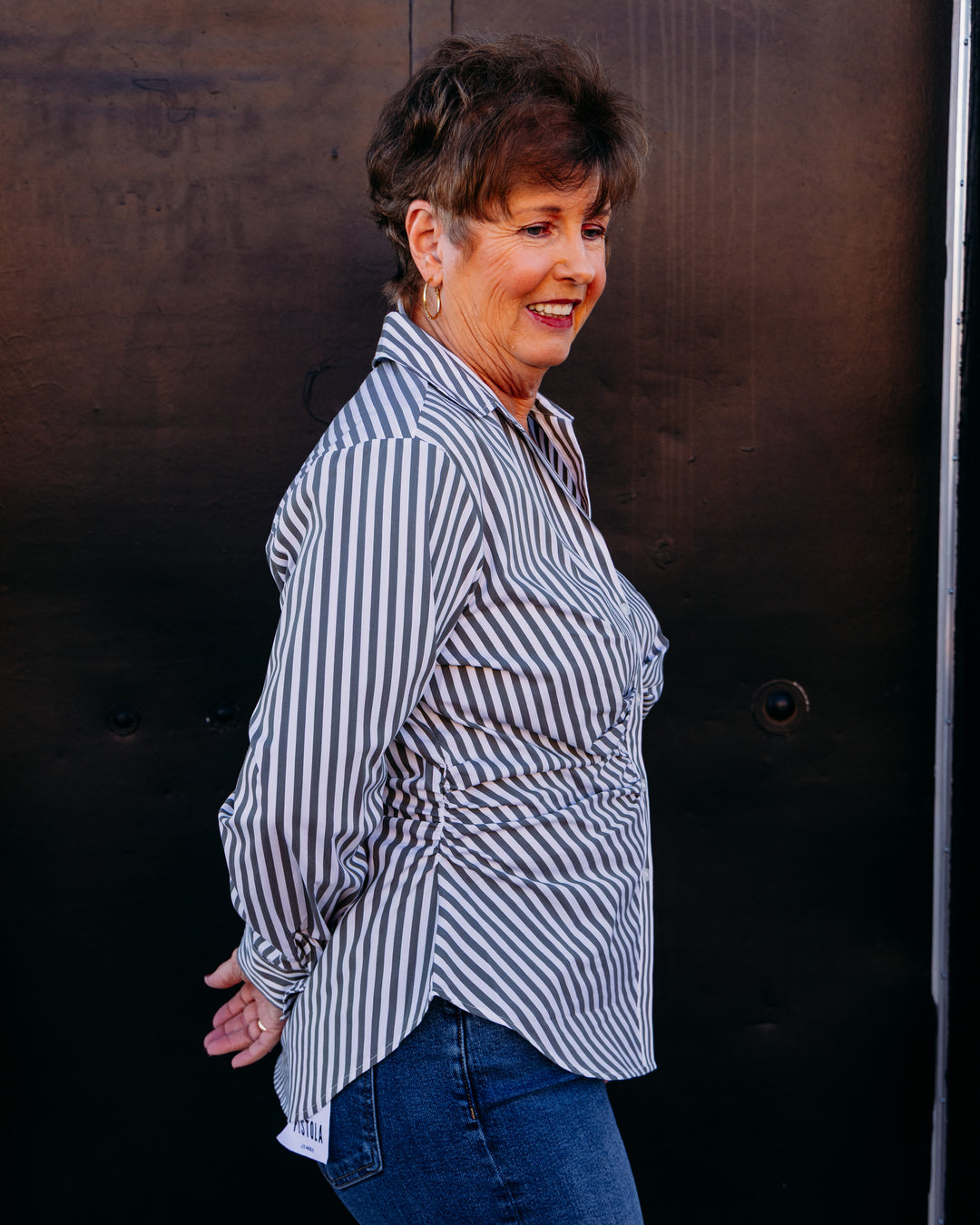 Joseph Ribkoff: Striped Cotton Shirred Blouse in Eucalyptus/Vanilla (271906)