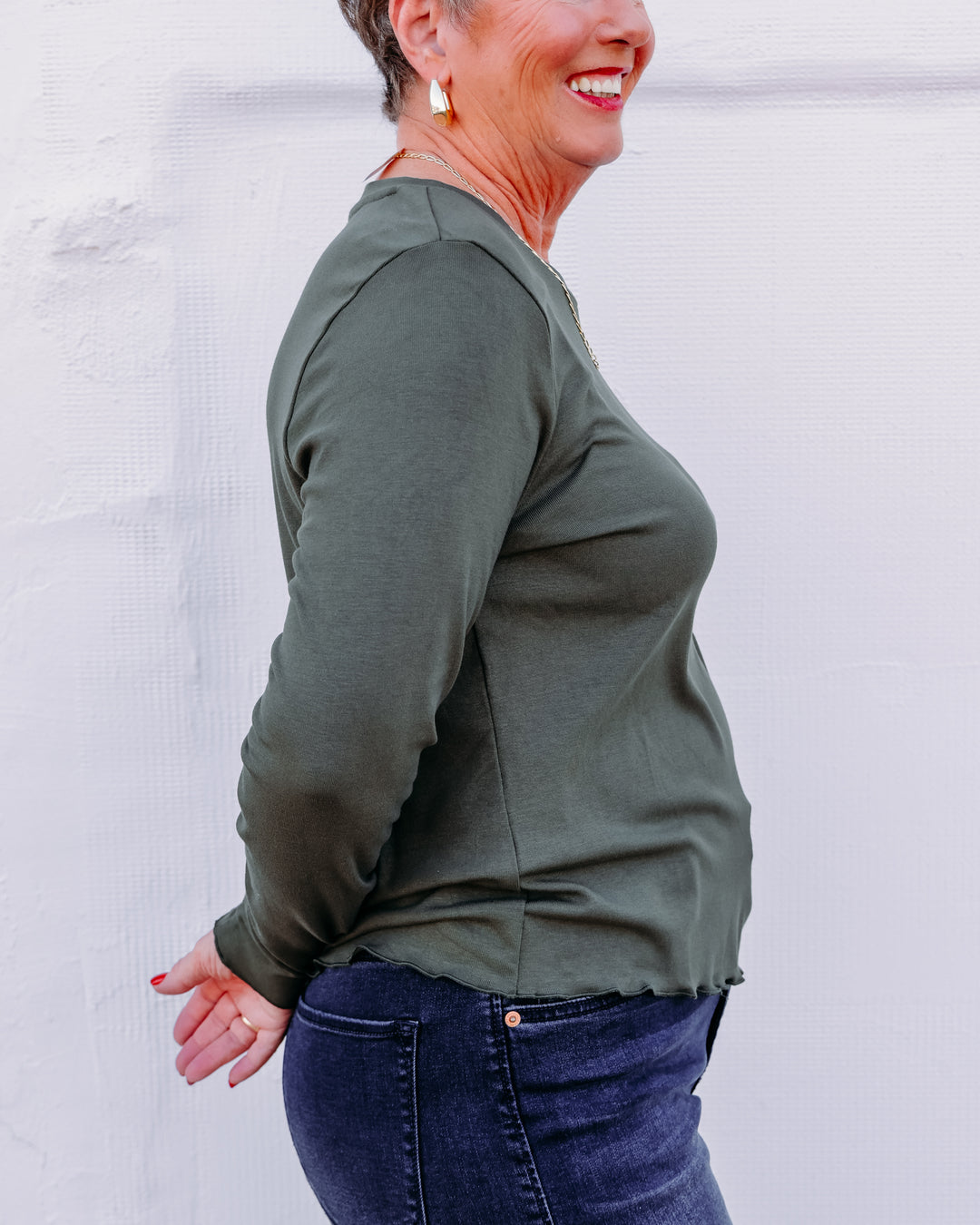 Tribal: L/S Crew Neck Top W/Button Detail in Basil