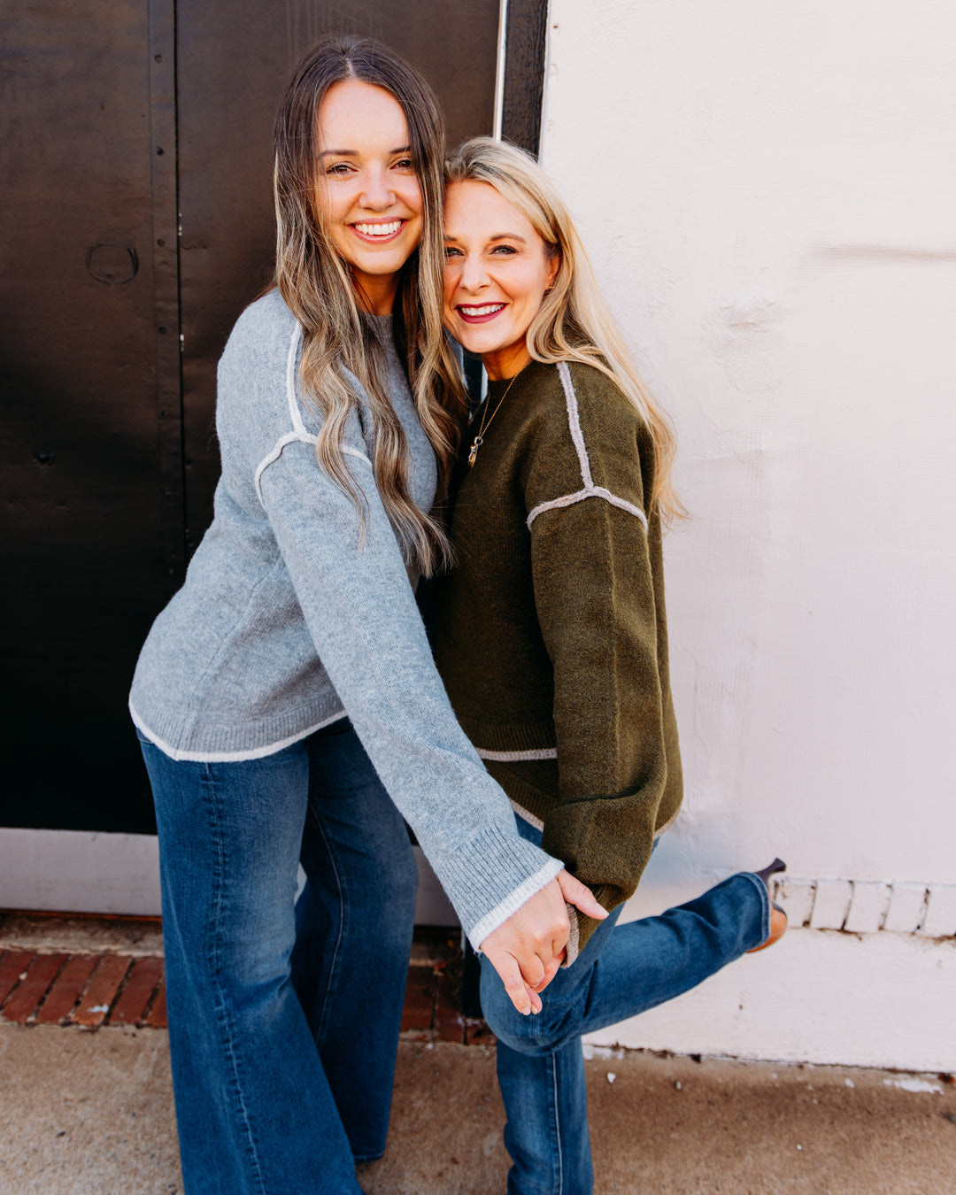 Liverpool: Long Sleeve Crewneck Sweater With Cream Tulip Hem in Olive Mushroom