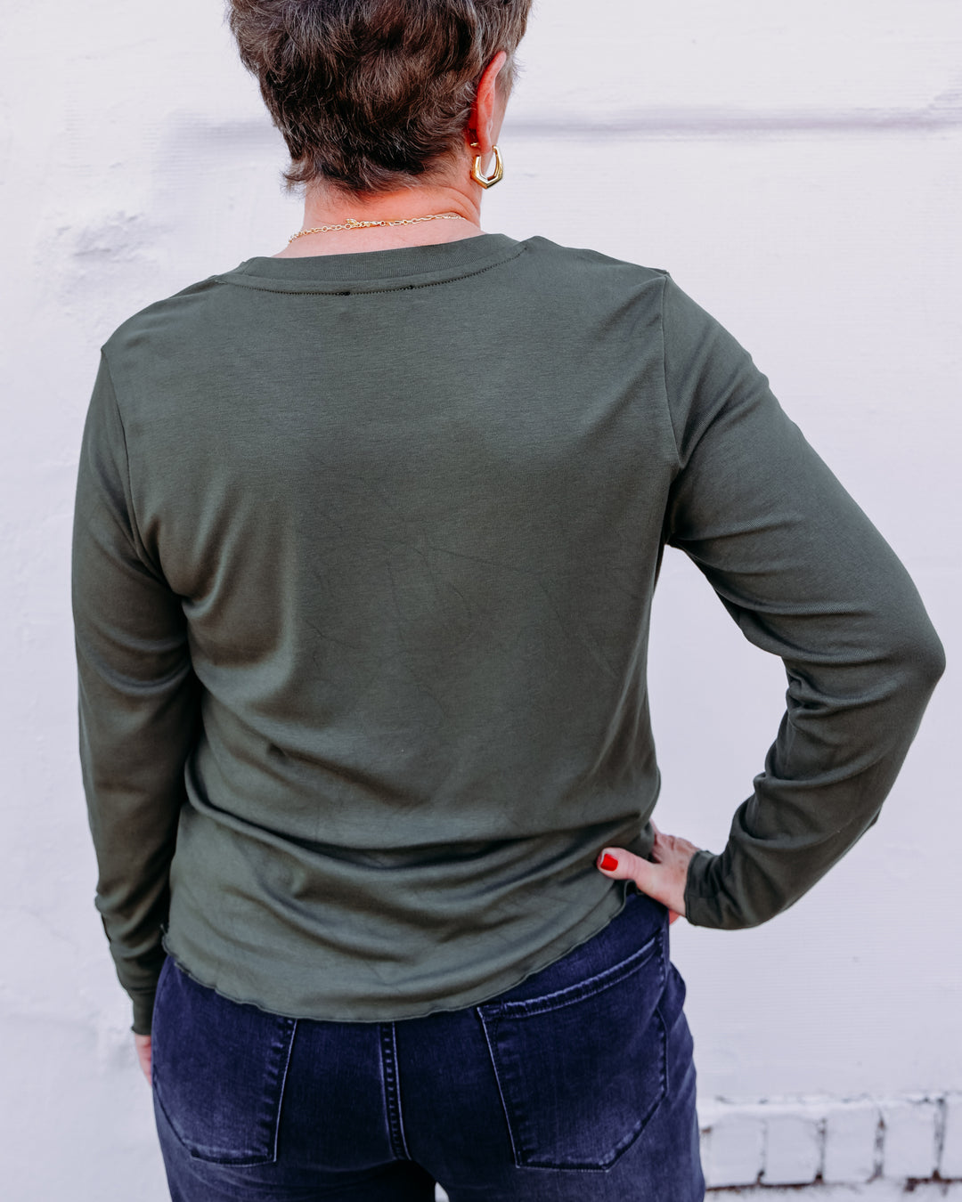 Tribal: L/S Crew Neck Top W/Button Detail in Basil