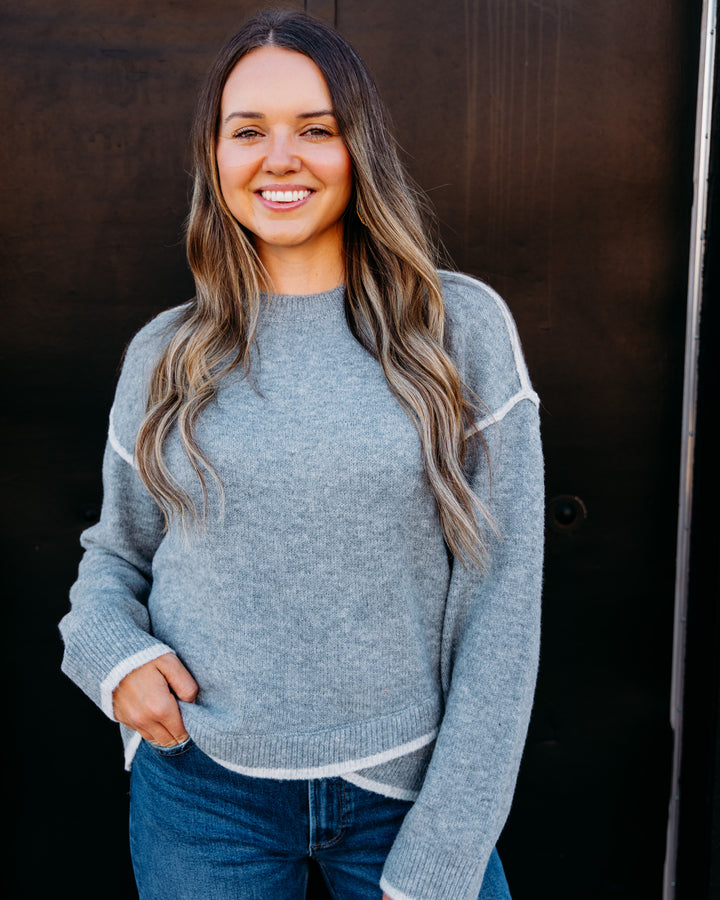 Liverpool: Long Sleeve Crewneck Sweater With Cream Tulip Hem in Light Heather Grey Cream