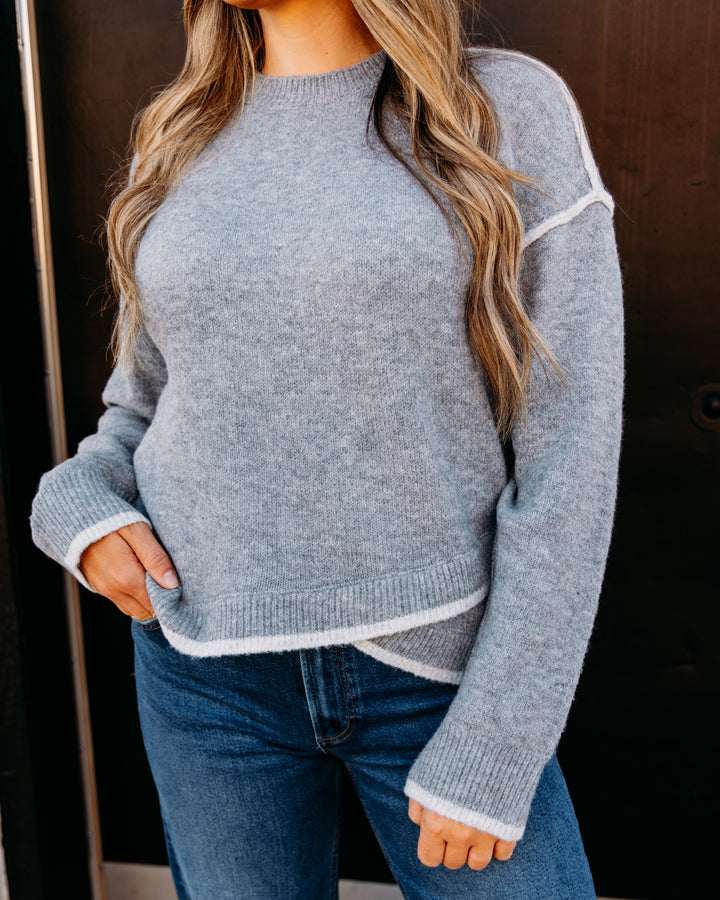 Liverpool: Long Sleeve Crewneck Sweater With Cream Tulip Hem in Light Heather Grey Cream