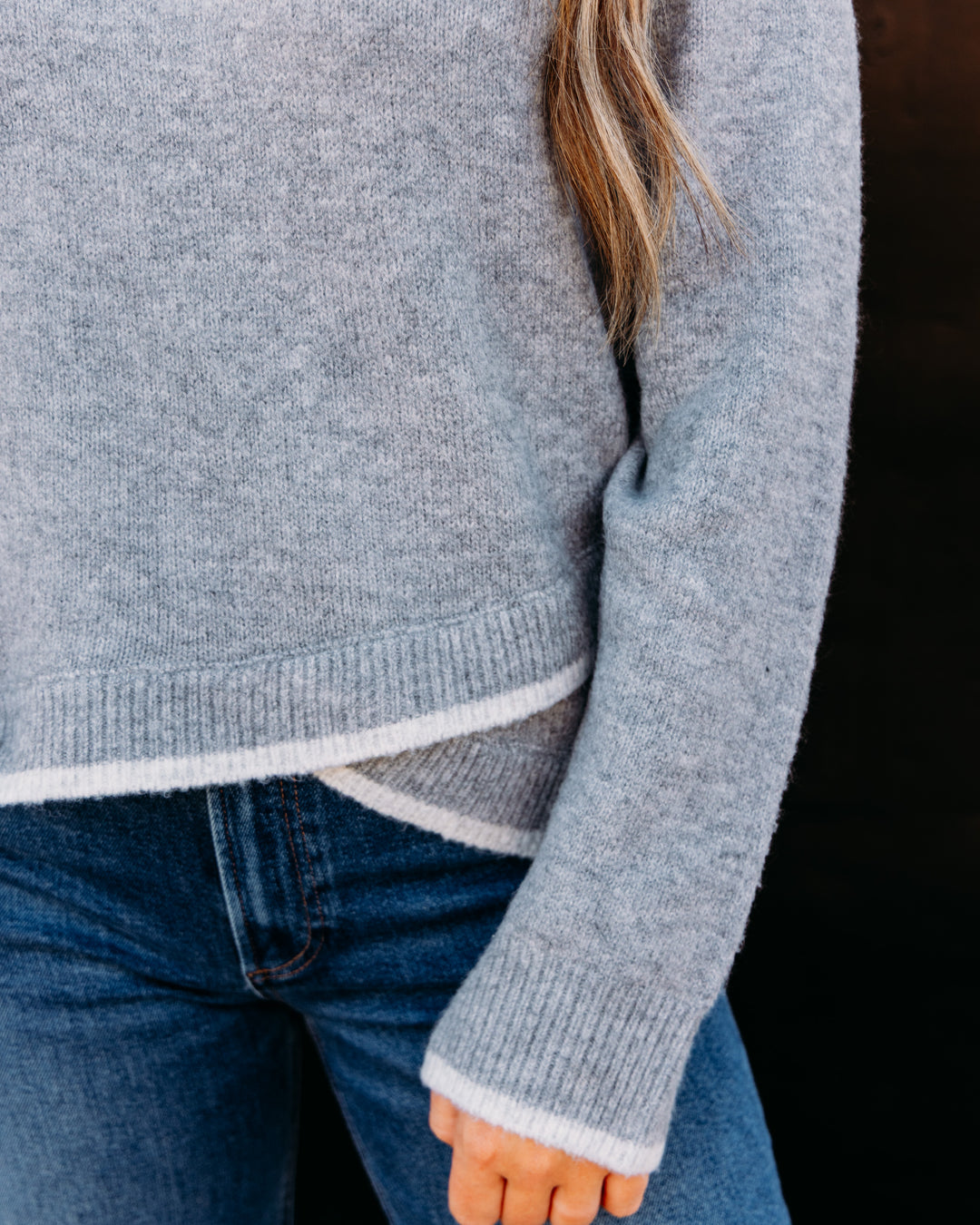 Liverpool: Long Sleeve Crewneck Sweater With Cream Tulip Hem in Light Heather Grey Cream