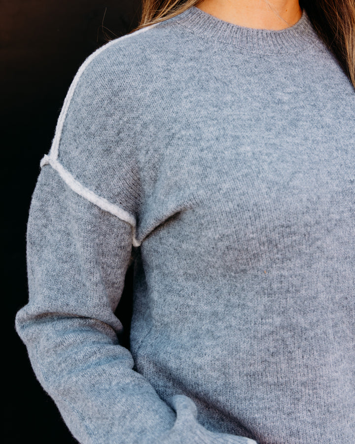 Liverpool: Long Sleeve Crewneck Sweater With Cream Tulip Hem in Light Heather Grey Cream