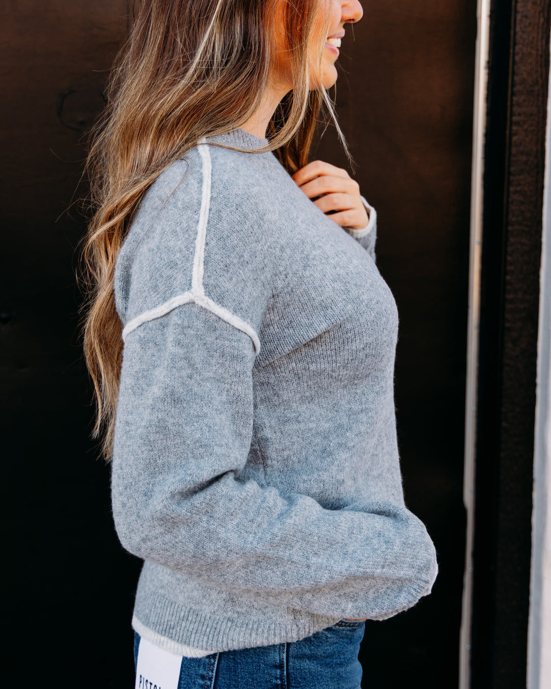 Liverpool: Long Sleeve Crewneck Sweater With Cream Tulip Hem in Light Heather Grey Cream