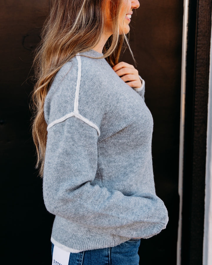 Liverpool: Long Sleeve Crewneck Sweater With Cream Tulip Hem in Light Heather Grey Cream