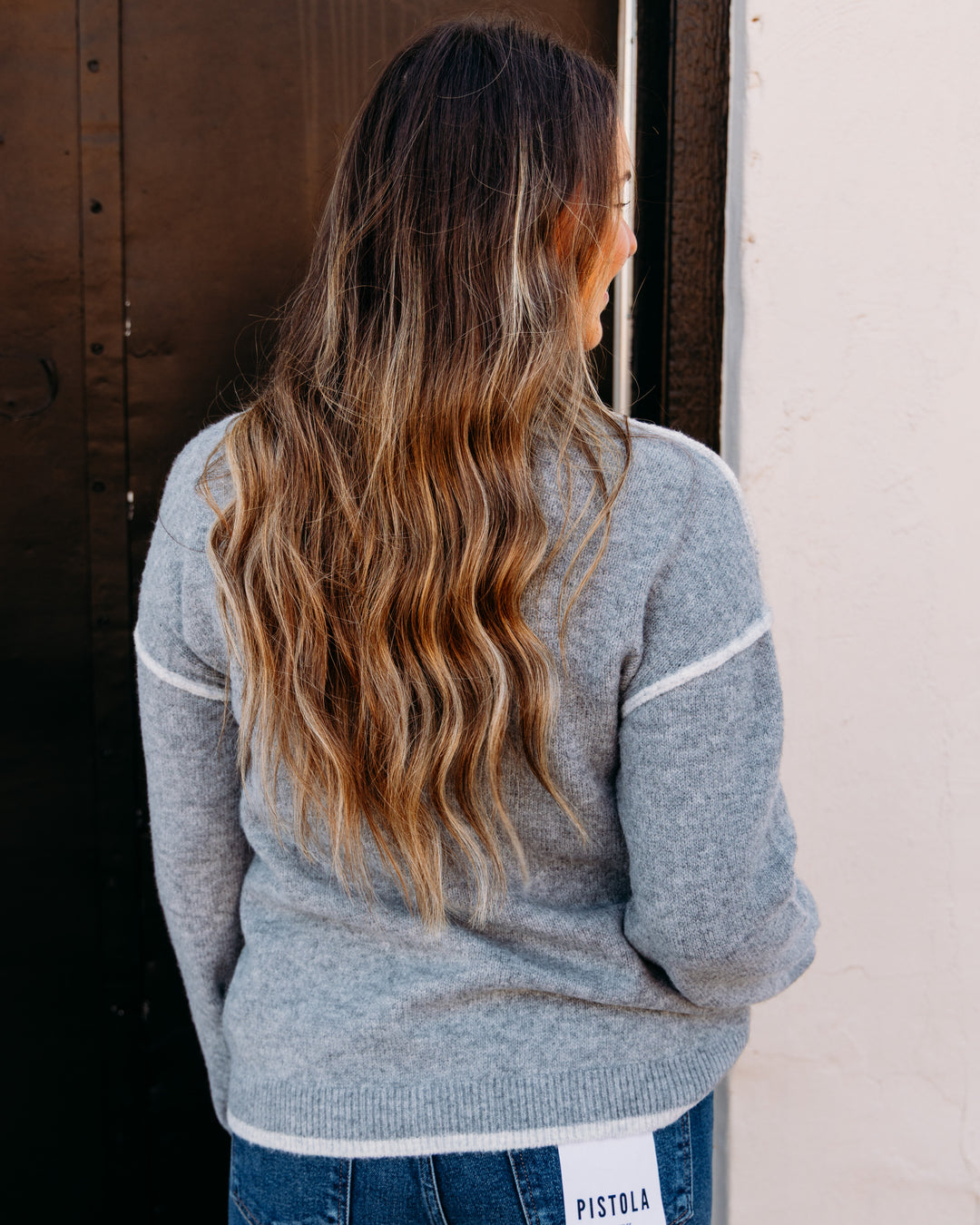 Liverpool: Long Sleeve Crewneck Sweater With Cream Tulip Hem in Light Heather Grey Cream