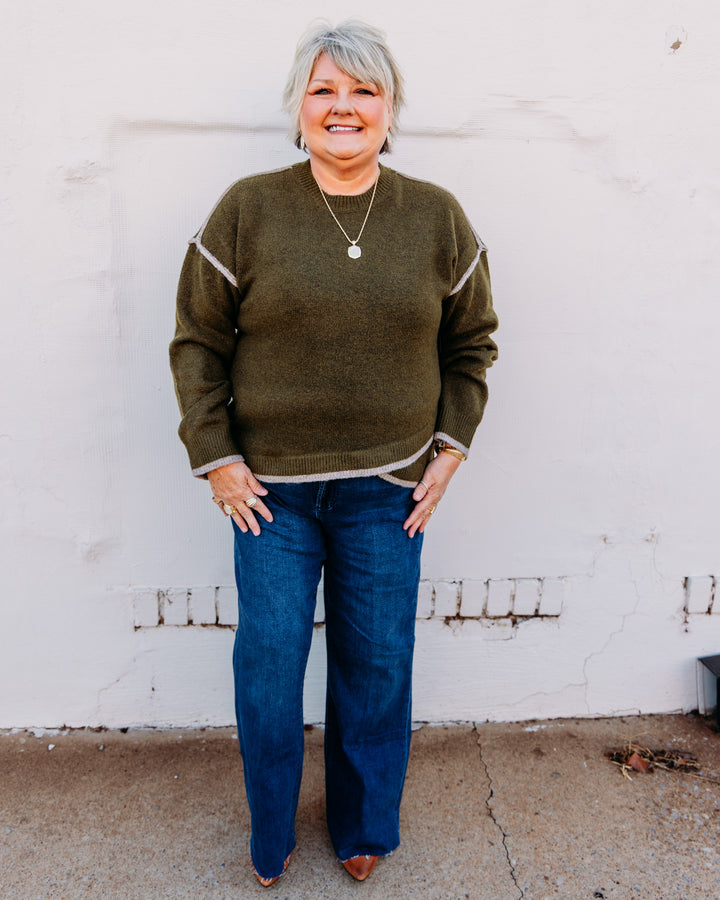 Liverpool: Long Sleeve Crewneck Sweater With Cream Tulip Hem in Olive Mushroom