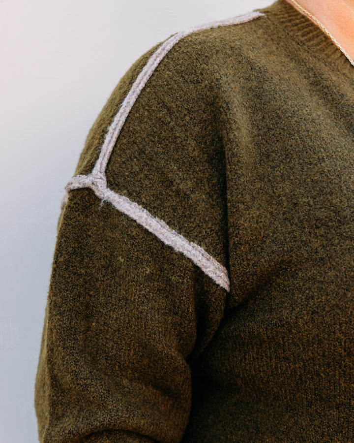 Liverpool: Long Sleeve Crewneck Sweater With Cream Tulip Hem in Olive Mushroom
