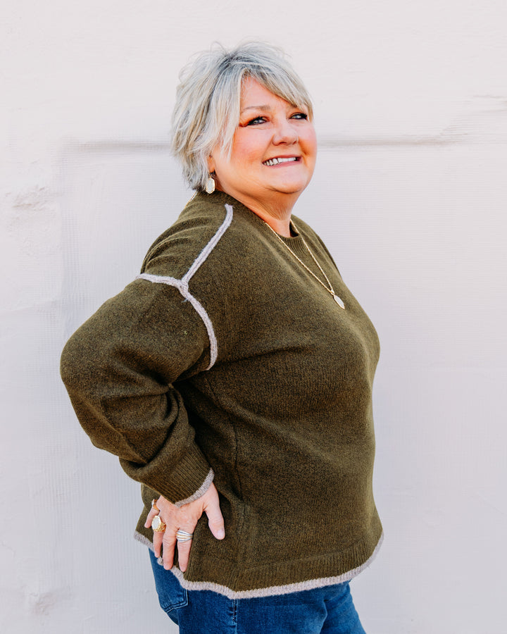 Liverpool: Long Sleeve Crewneck Sweater With Cream Tulip Hem in Olive Mushroom