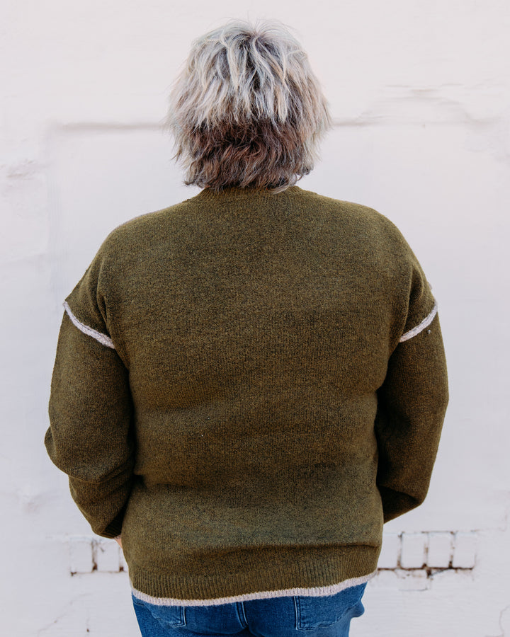Liverpool: Long Sleeve Crewneck Sweater With Cream Tulip Hem in Olive Mushroom