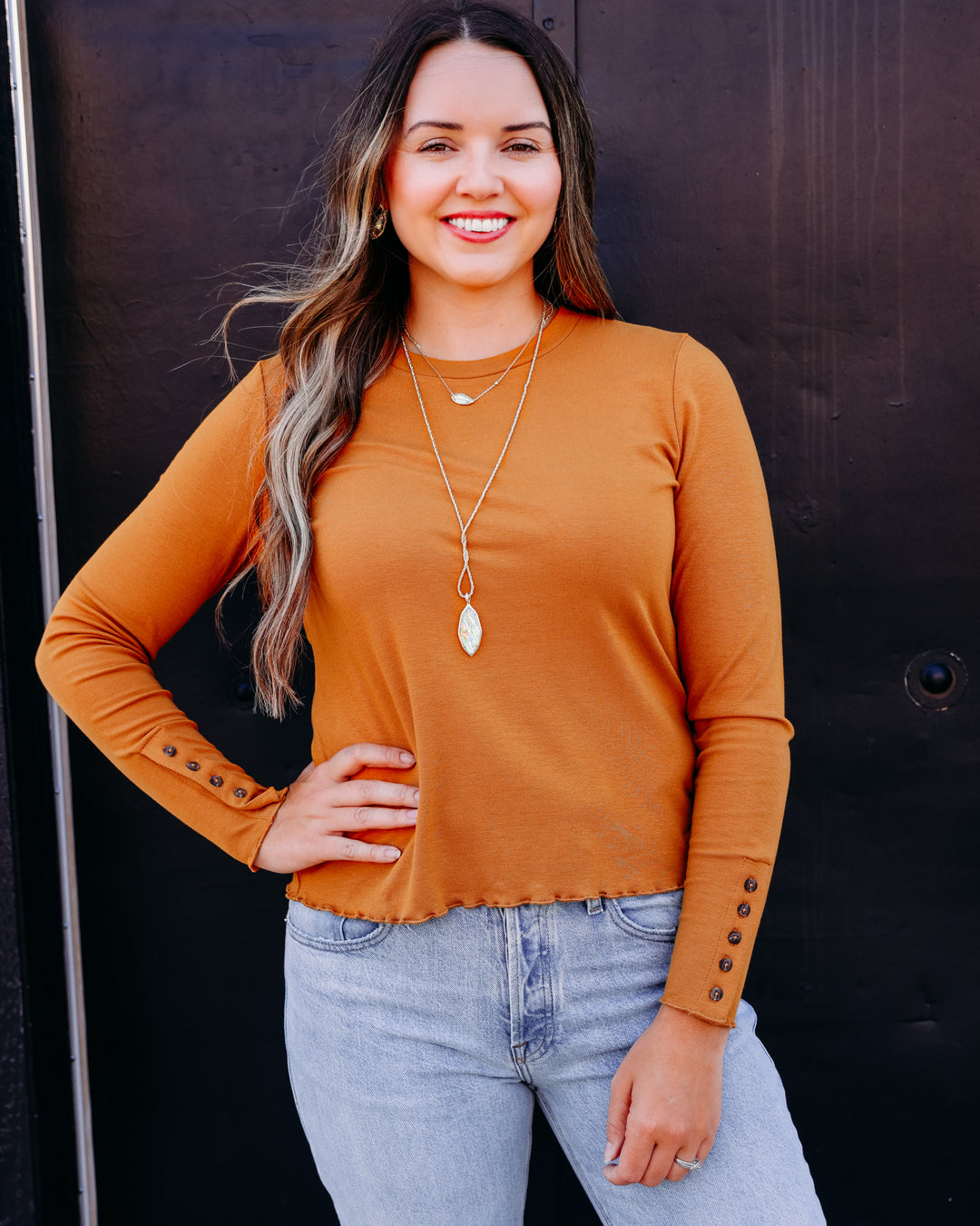 Tribal: L/S Crew Neck Top W/Button Detail in Bronze