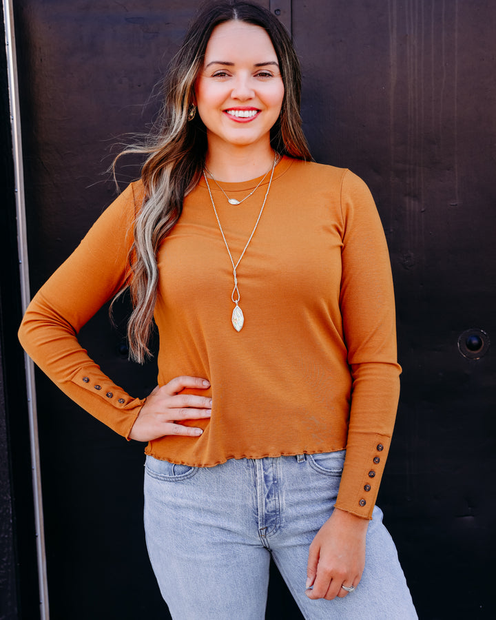 Tribal: L/S Crew Neck Top W/Button Detail in Bronze