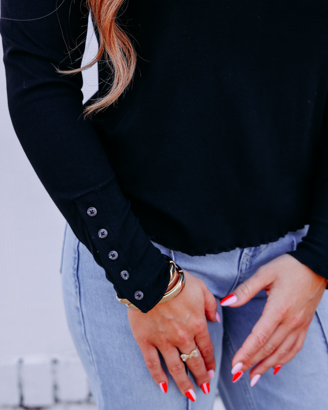 Tribal: Long Sleeve Crew Neck Top W/Button Detail in Black