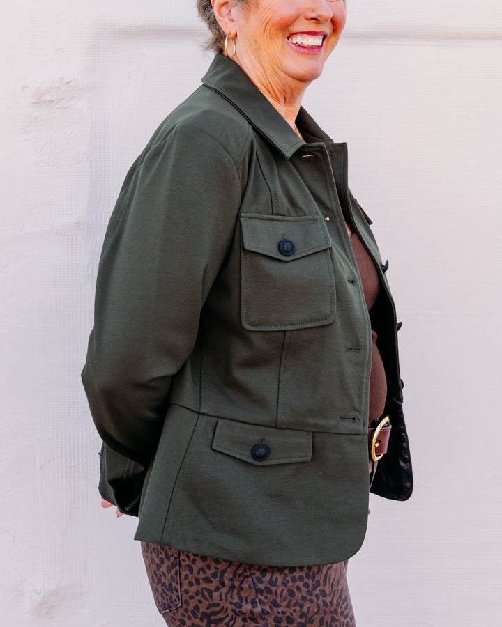 Liverpool: Peplum Jacket in Hunter Green