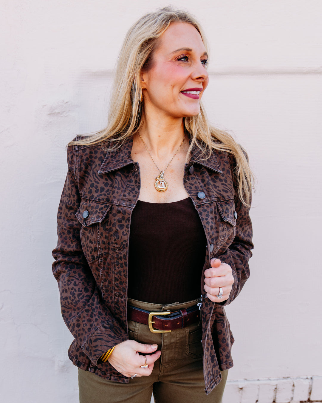 Liverpool: Fit And Flare Trucker Jacket in Abstract Animal