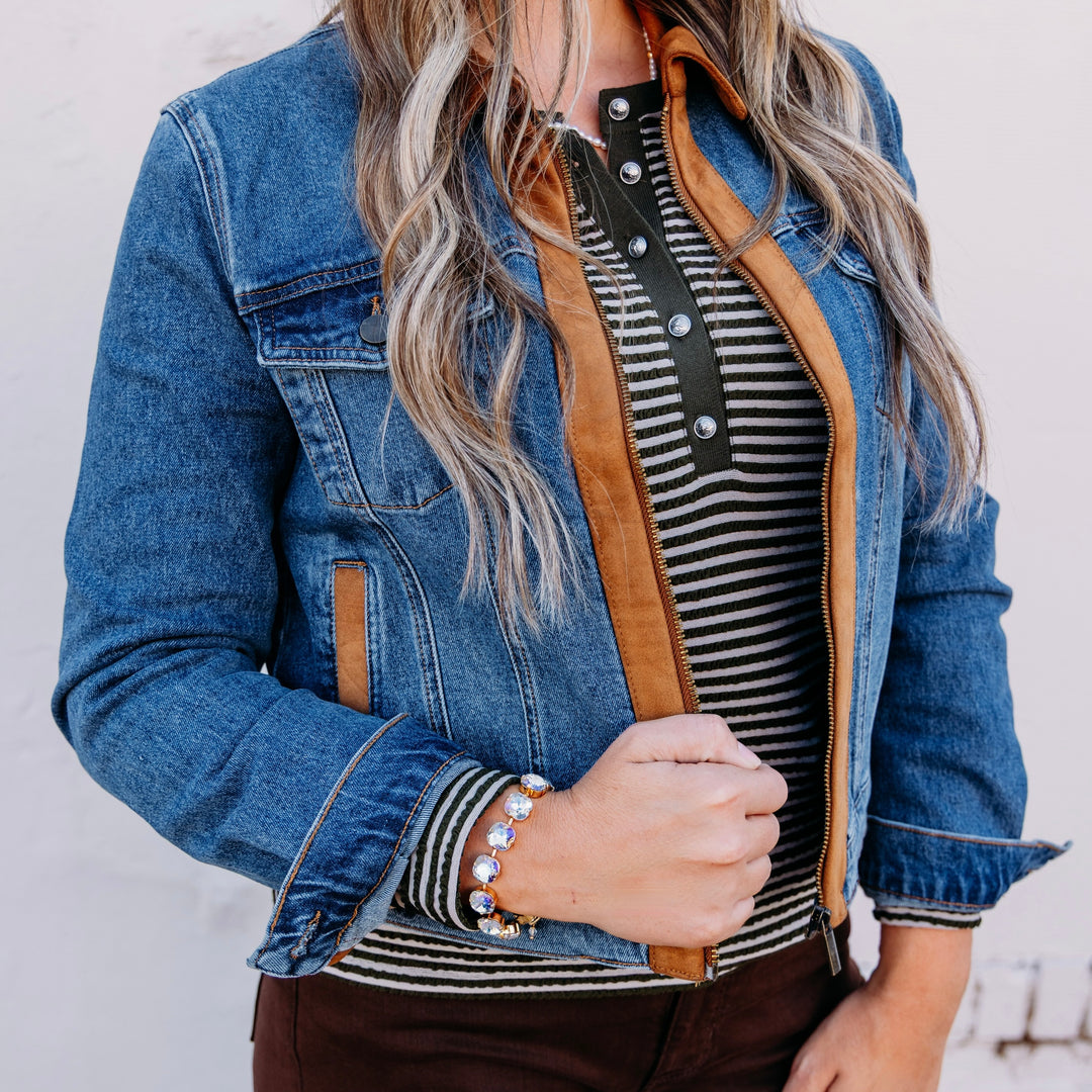 Tribal: Zip Front Denim Jacket with Suede in Moonlight (62440-56321243)