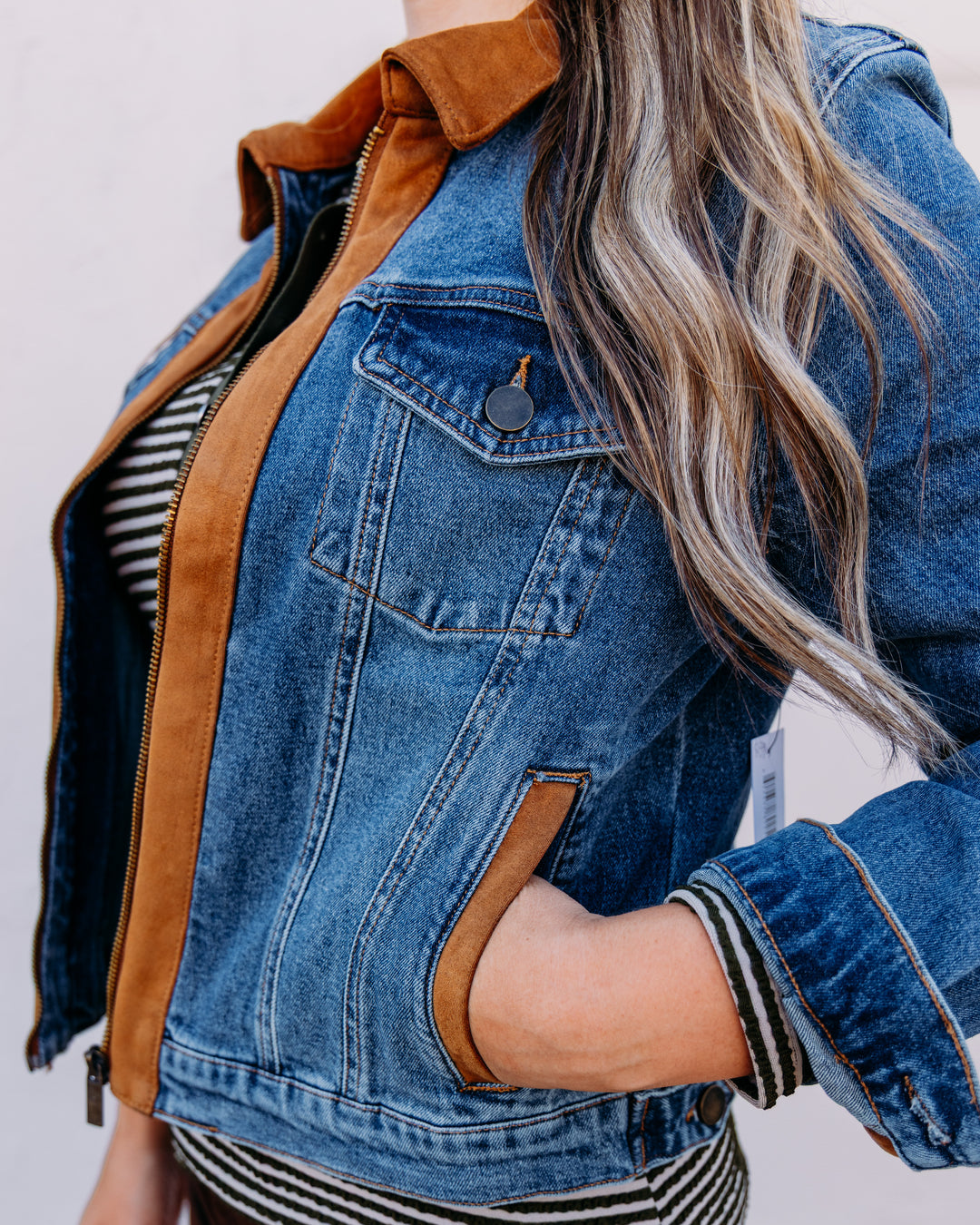 Tribal: Zip Front Denim Jacket with Suede in Moonlight (62440-56321243)