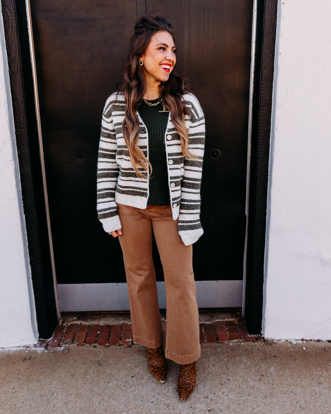 Liverpool: Long Sleeve Button Front Cardigan Sweater in Oatmeal Olive Stripe (LM8L21ST20)
