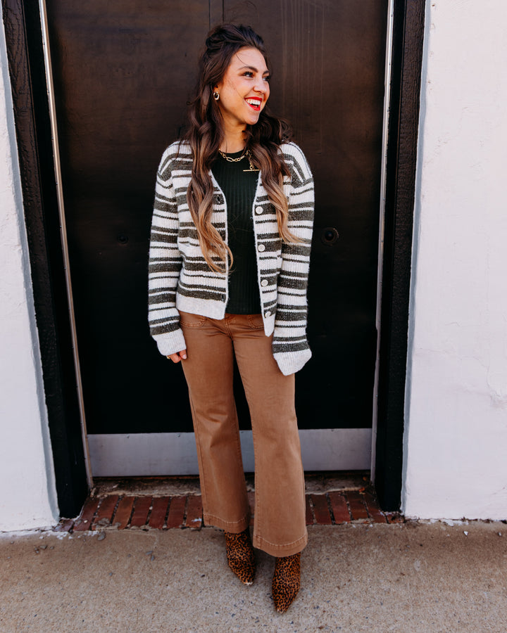 Liverpool: Long Sleeve Button Front Cardigan Sweater in Oatmeal Olive Stripe (LM8L21ST20)
