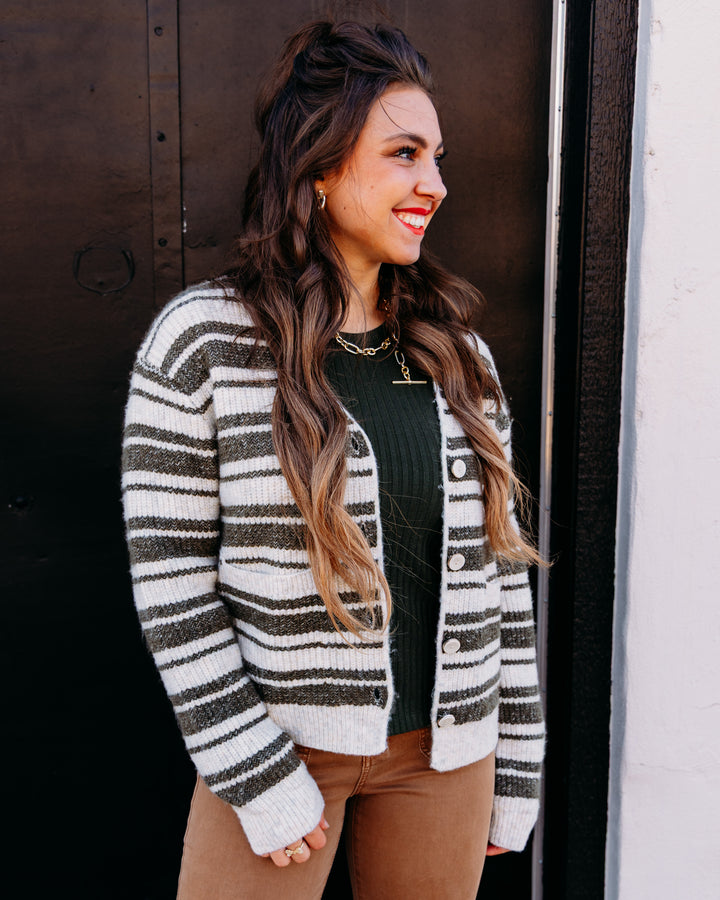 Liverpool: Long Sleeve Button Front Cardigan Sweater in Oatmeal Olive Stripe (LM8L21ST20)