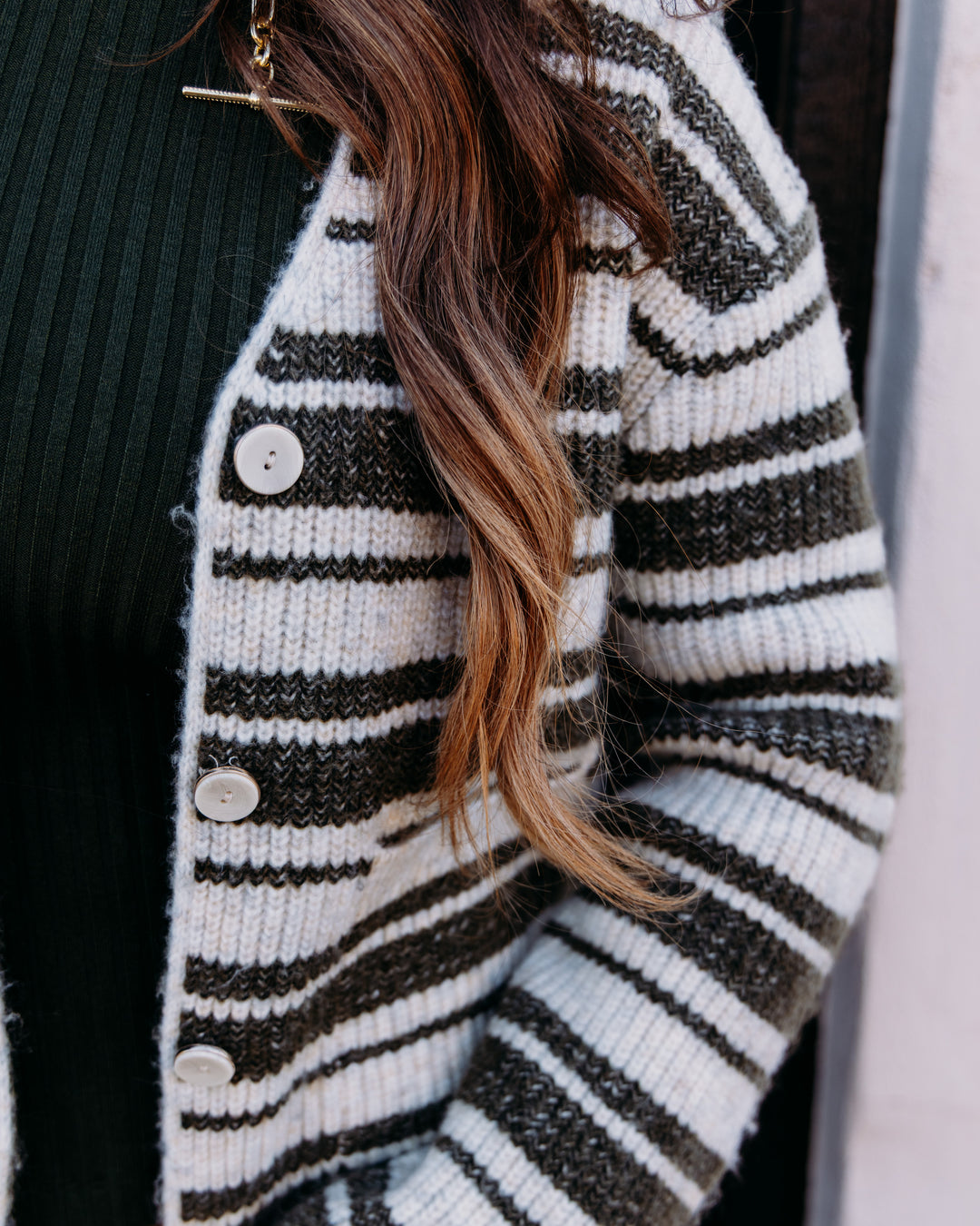 Liverpool: Long Sleeve Button Front Cardigan Sweater in Oatmeal Olive Stripe (LM8L21ST20)