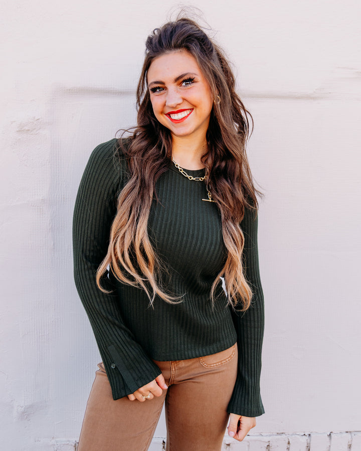 Liverpool: Long Sleeve Scoop Neck Knit Top in Hunter Green