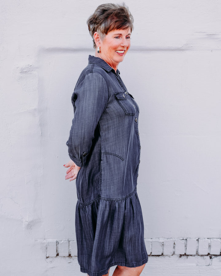 Multiples: Tab 3/4slv Drop Shldr 4-Pkt Btn Frt Flounce Hem Woven Dress in Blkden (M36109DM)