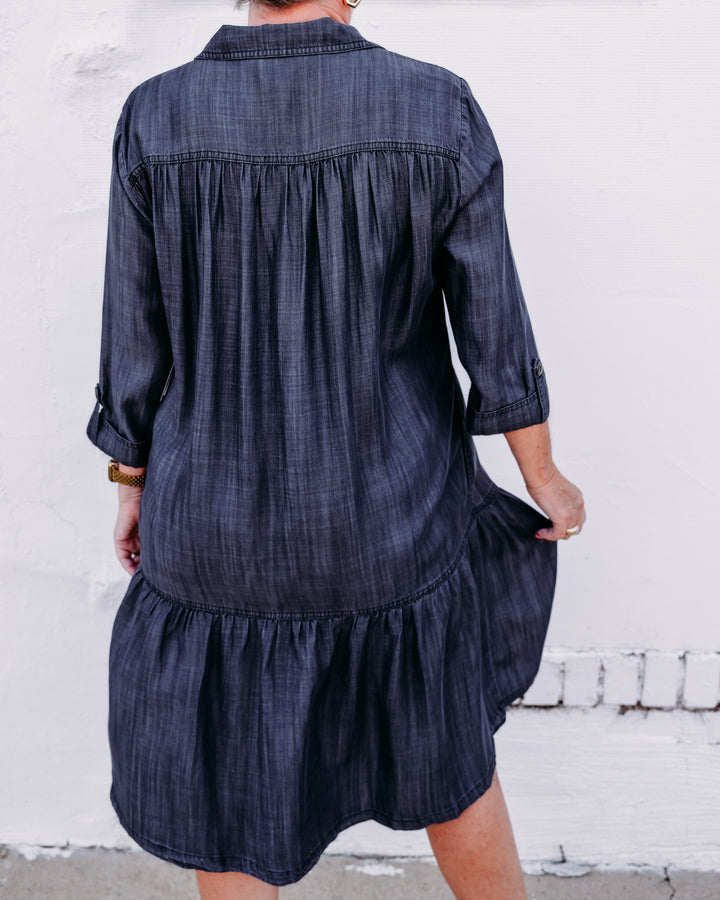 Multiples: Tab 3/4slv Drop Shldr 4-Pkt Btn Frt Flounce Hem Woven Dress in Blkden (M36109DM)