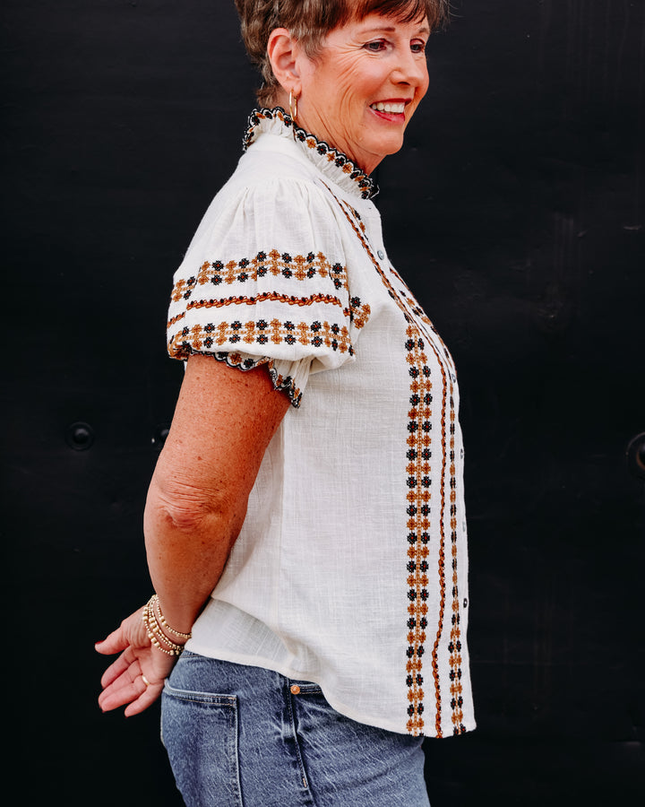 Ivy Jane: Cream Embroidery Button Down in Ivory (621634)