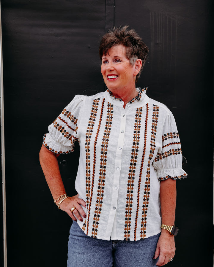 Ivy Jane: Cream Embroidery Button Down in Ivory (621634)