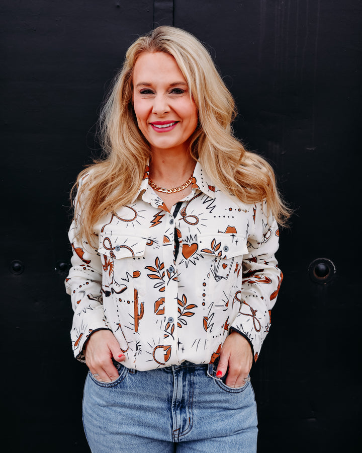 Tru Luxe: Western Print Button Up Shirt  in Multi (T36355BM)