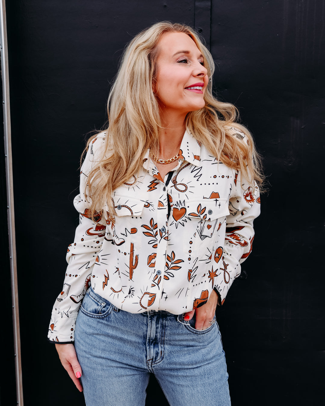 Tru Luxe: Western Print Button Up Shirt  in Multi (T36355BM)